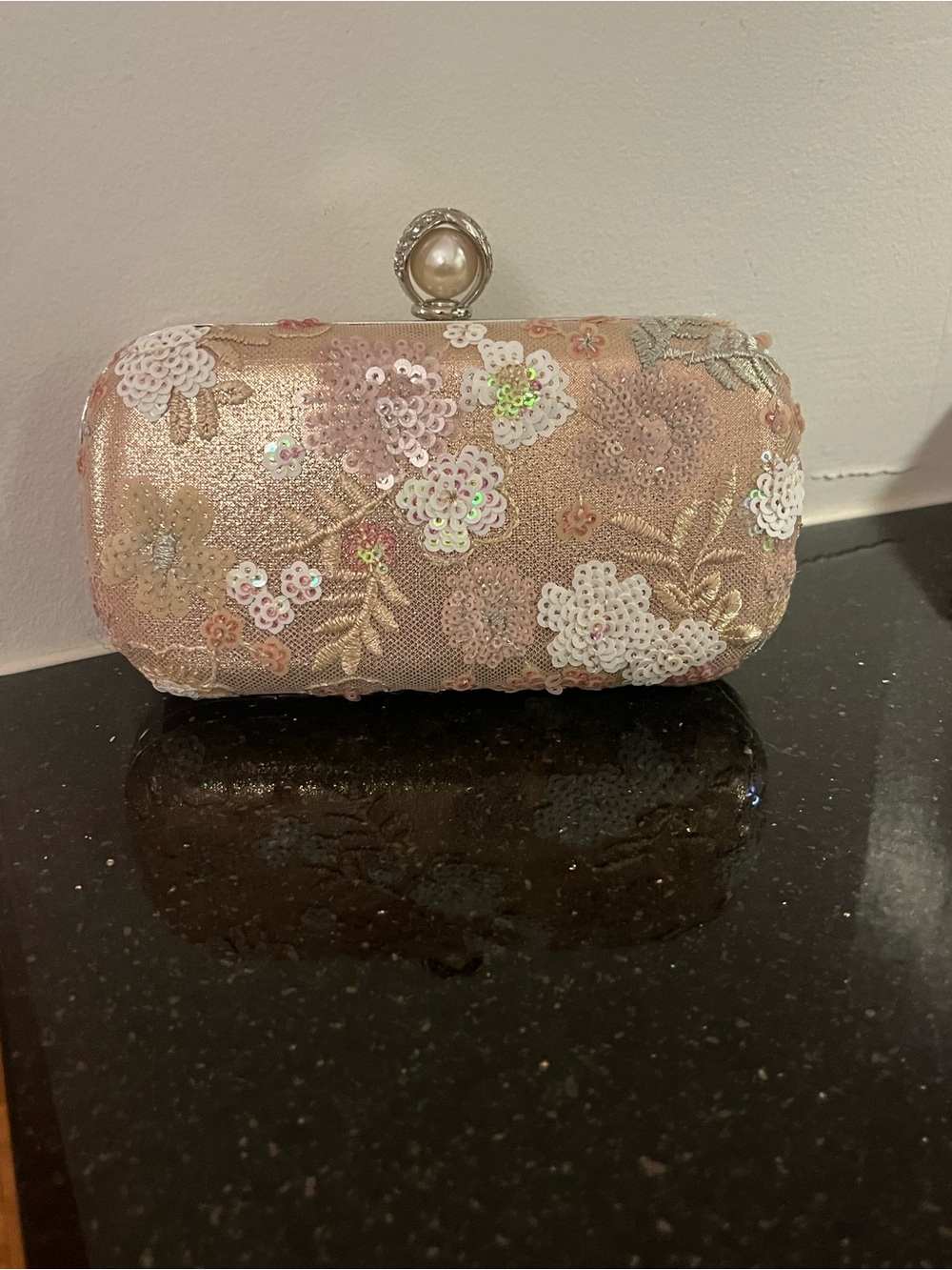 Champagne Floral Sequin Embroidered Evening Clutch